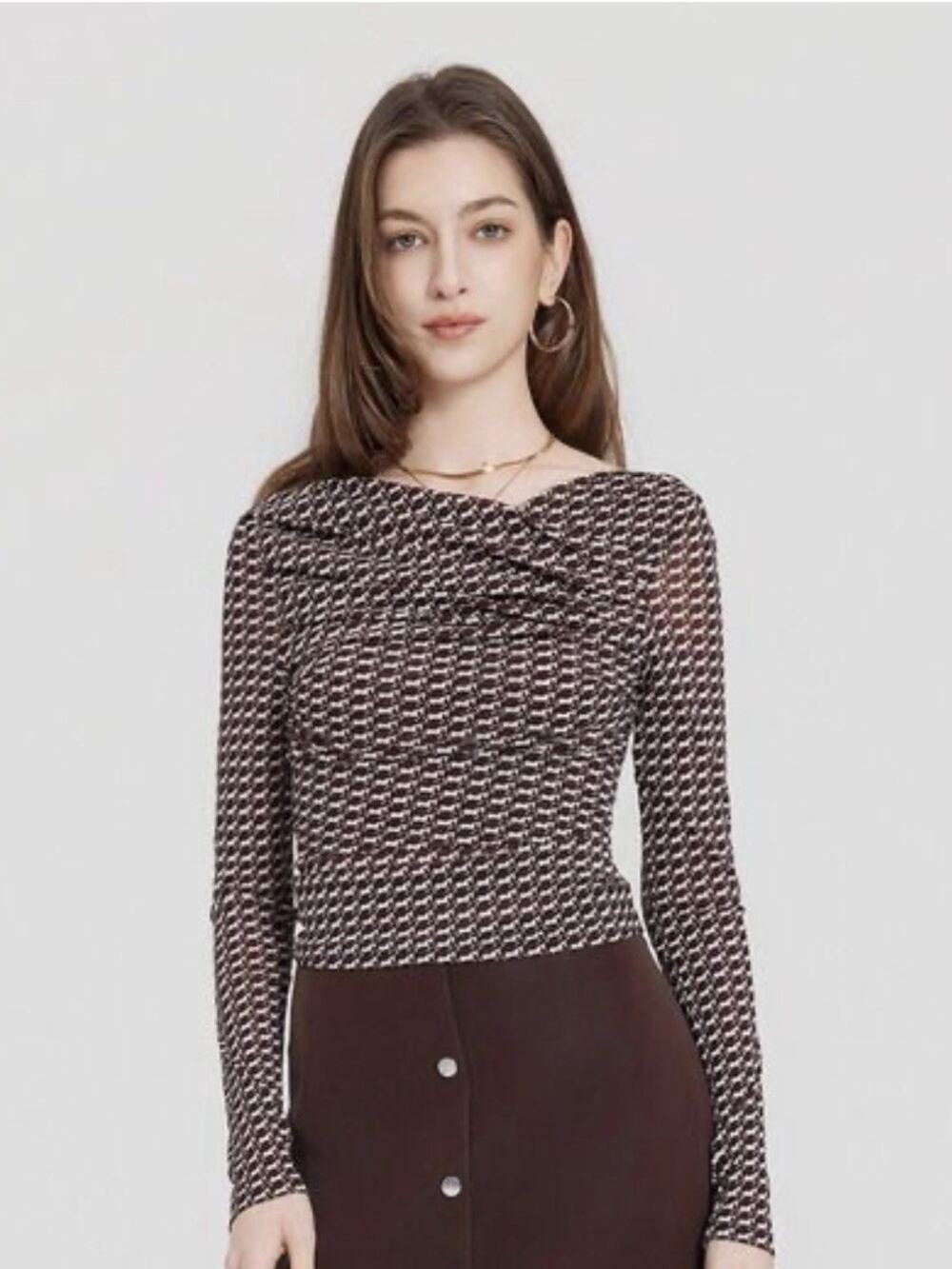 A New Day Women’s Blouse Size L Brown/White Geometric Cowl Neck Knit Viscose